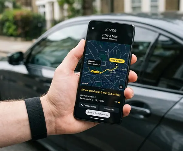 Smartphone showing Kruze driver arrival details beside a parked car