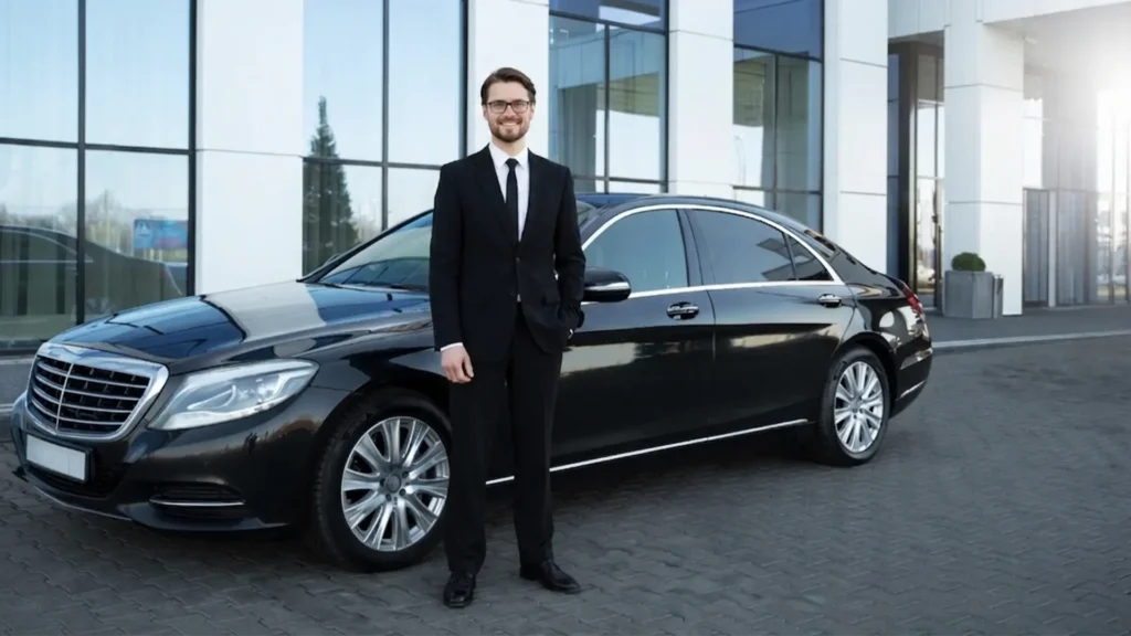 Chauffeur with luxury car for executive airport transfer service