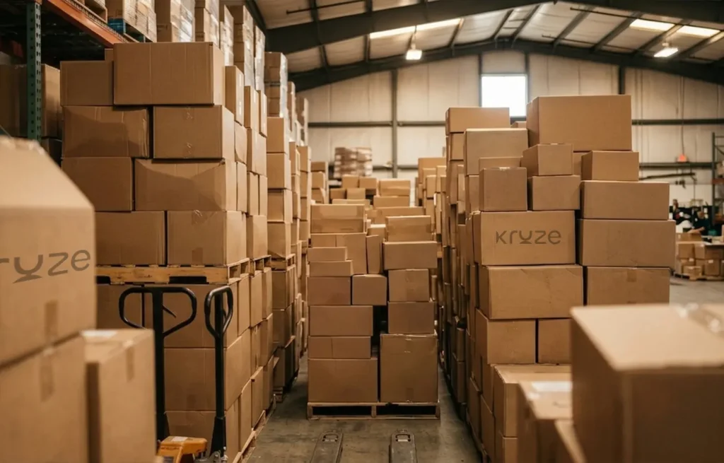Warehouse filled with stacked cardboard boxes