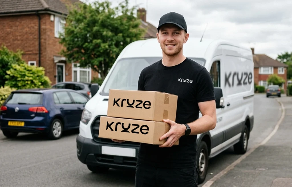 Kruze staff delivering boxes with branded van