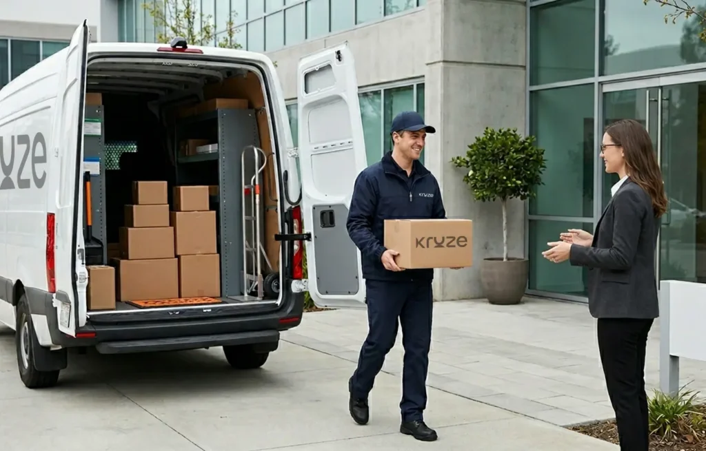 Kruze delivery employee handing package to a customer outside office