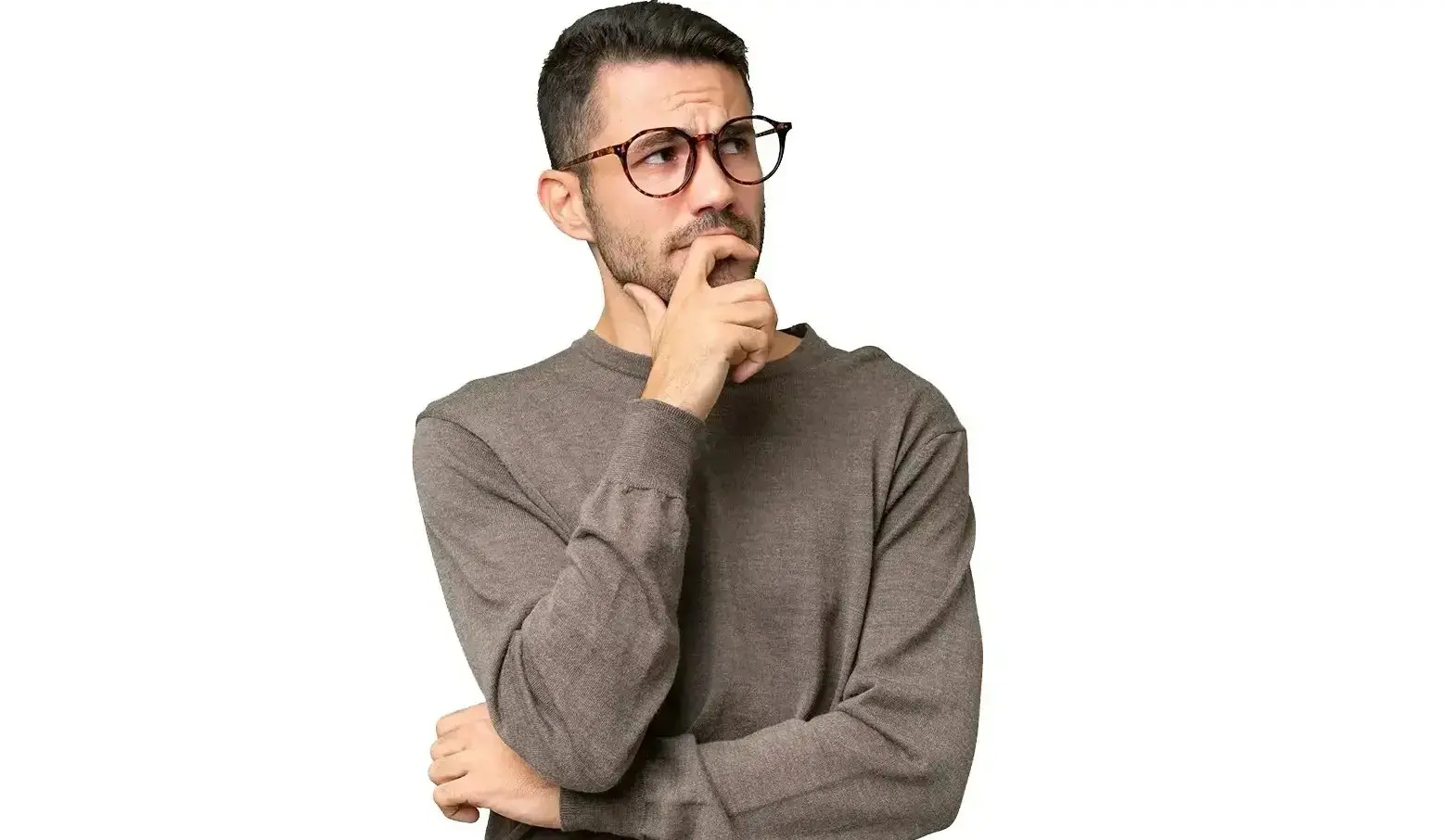 Man thinking with hand on chin against white background