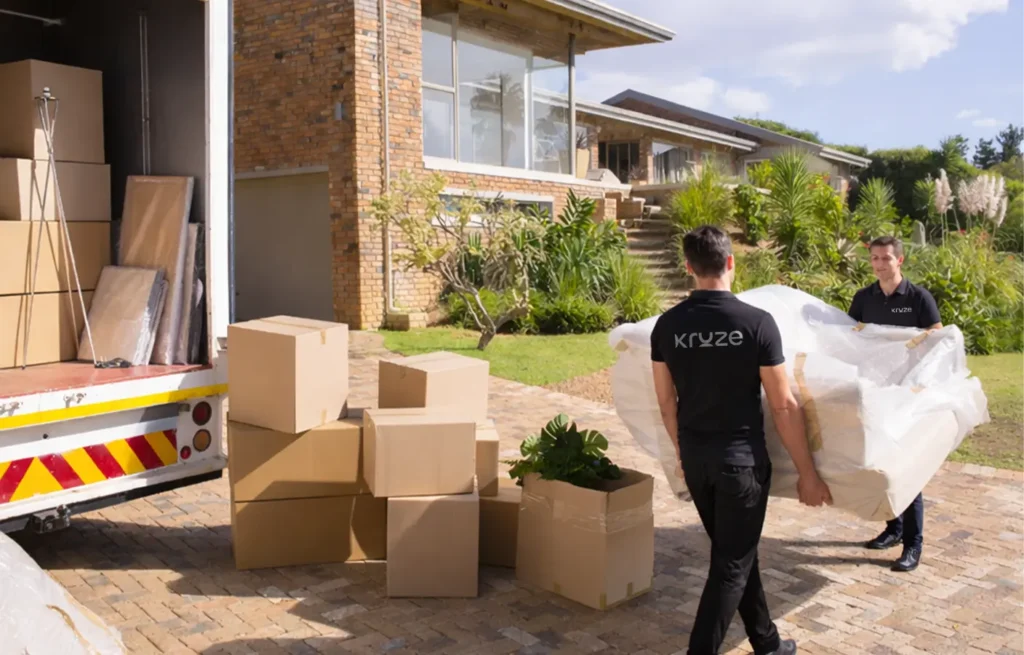 Kruze movers unloading boxes and furniture outside a home