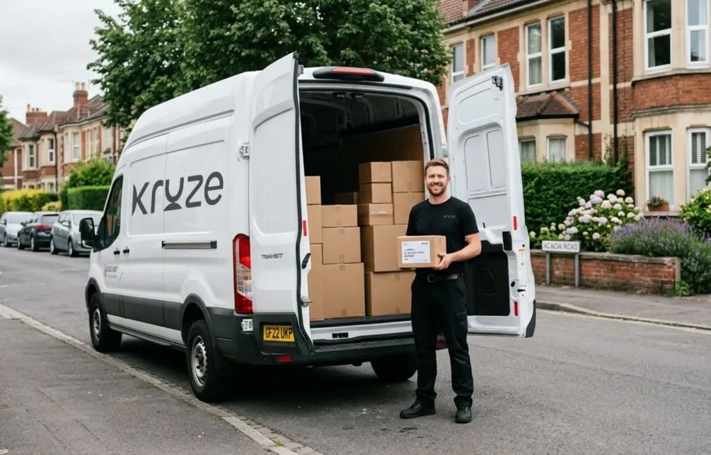 Kruze delivery employee standing beside branded van with packages