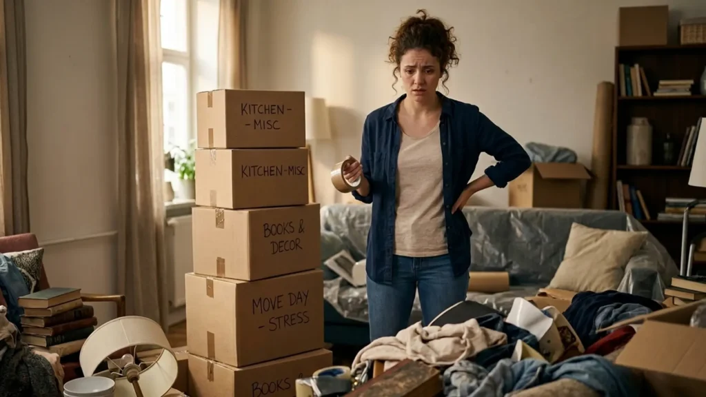 Stressed woman surrounded by moving boxes and household clutter during home relocation and packing.