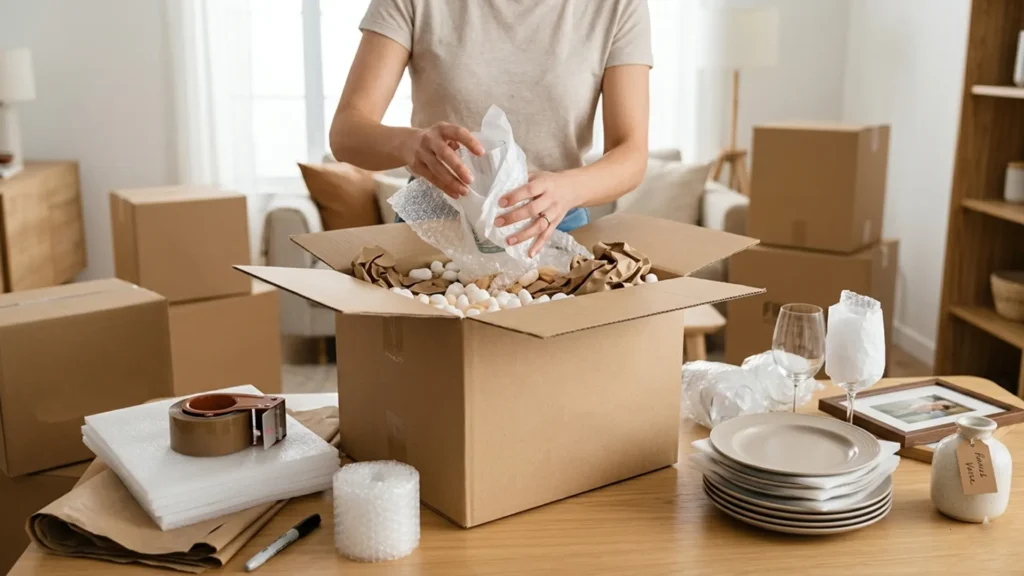 Carefully packing fragile household items into moving boxes with protective wrapping