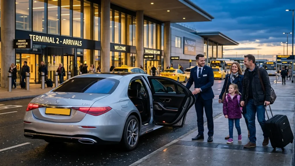 Luxury airport chauffeur service pickup outside terminal with family and executive car.