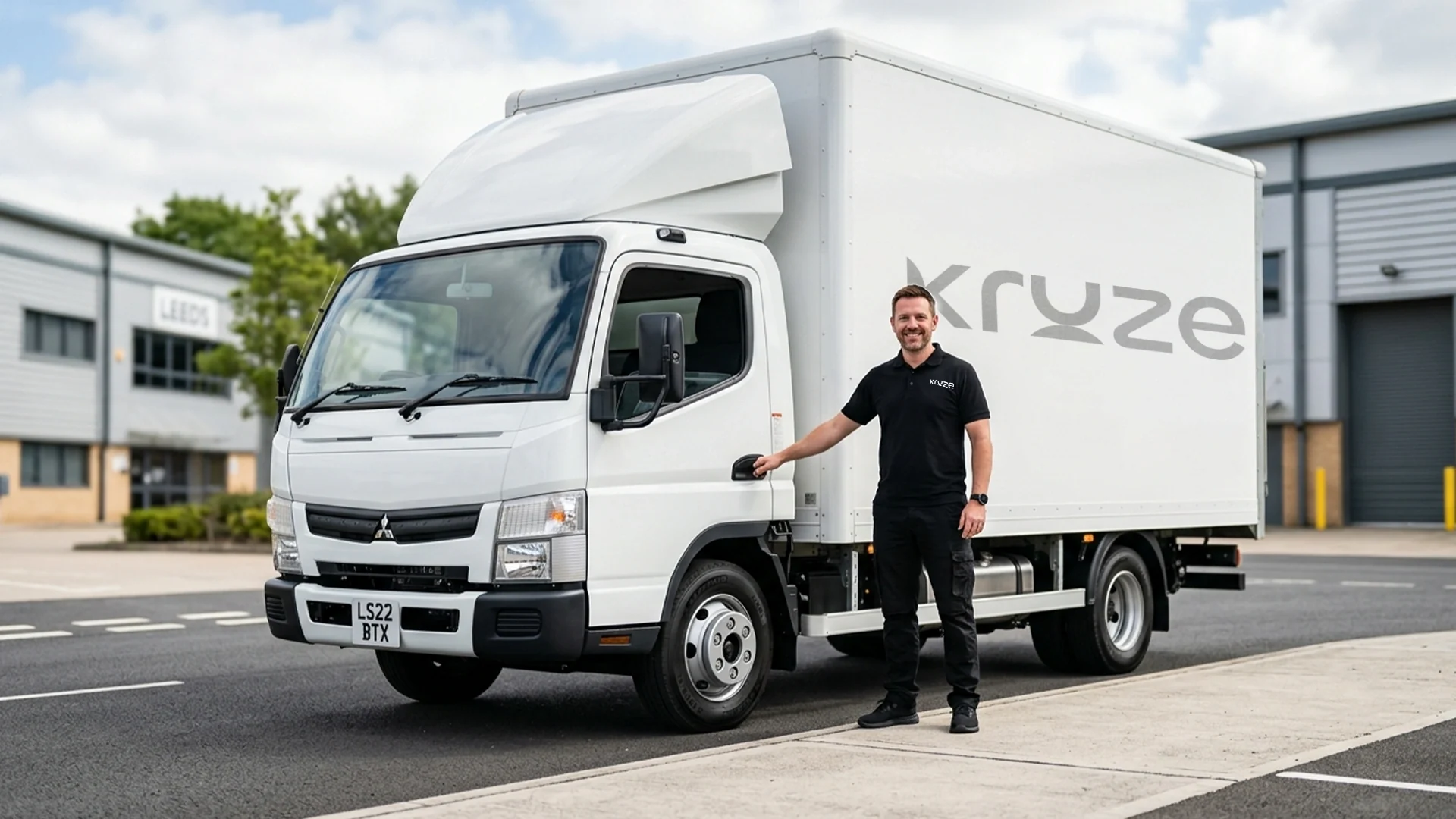 Kruze 7.5 tonne curtain-sider truck delivering pallets in West Yorkshire
