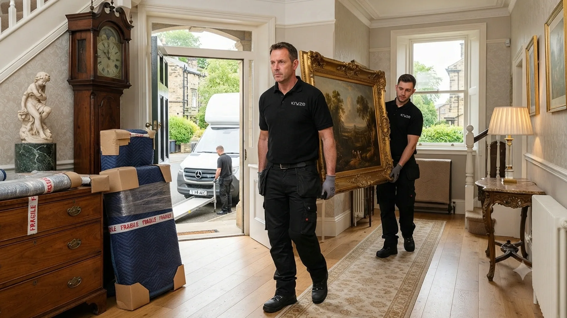 Kruze crew wrapping an antique cabinet for a fine art removal in West Yorkshire