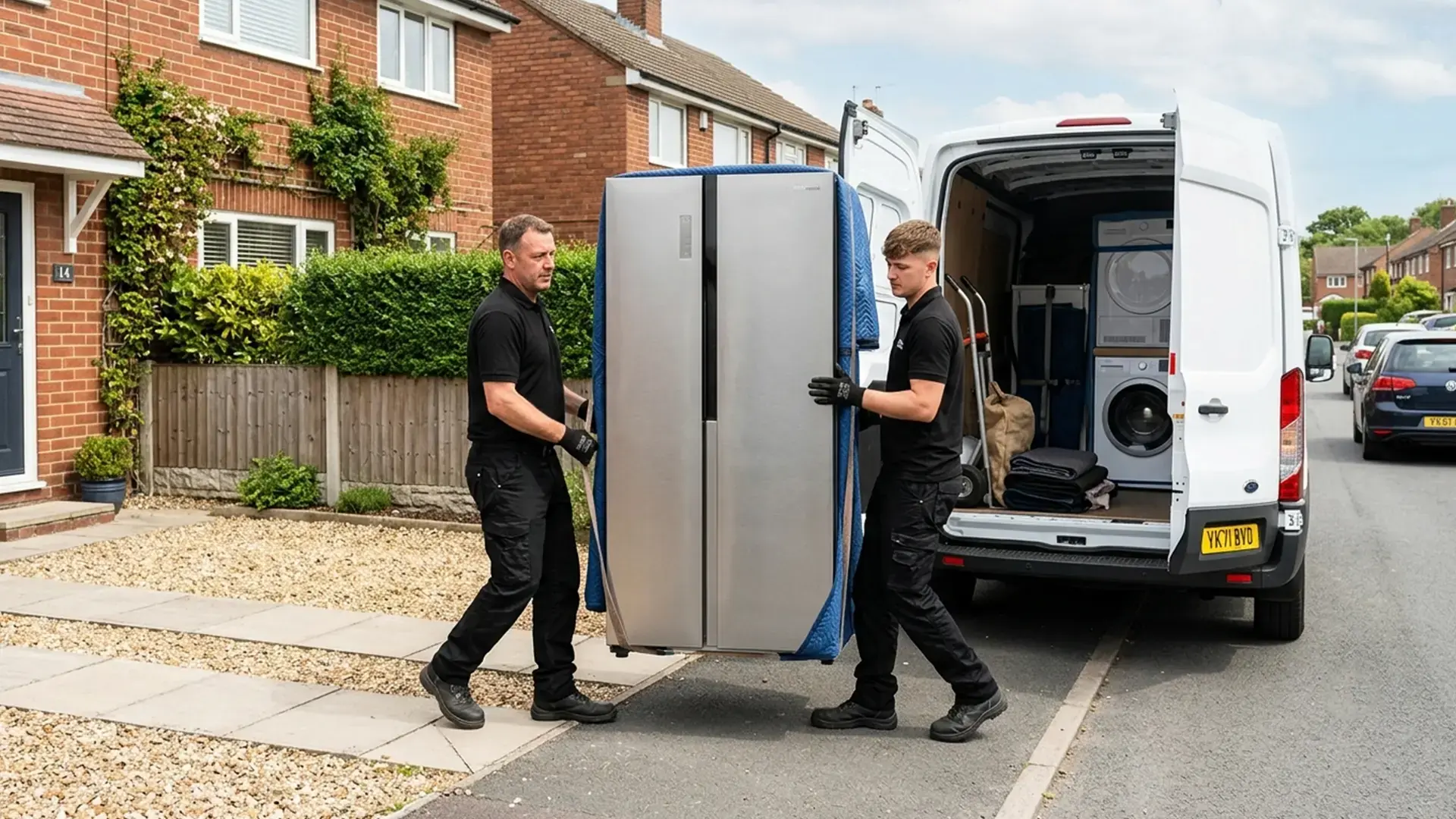 Kruze crew delivering a washing machine to a home in West Yorkshire