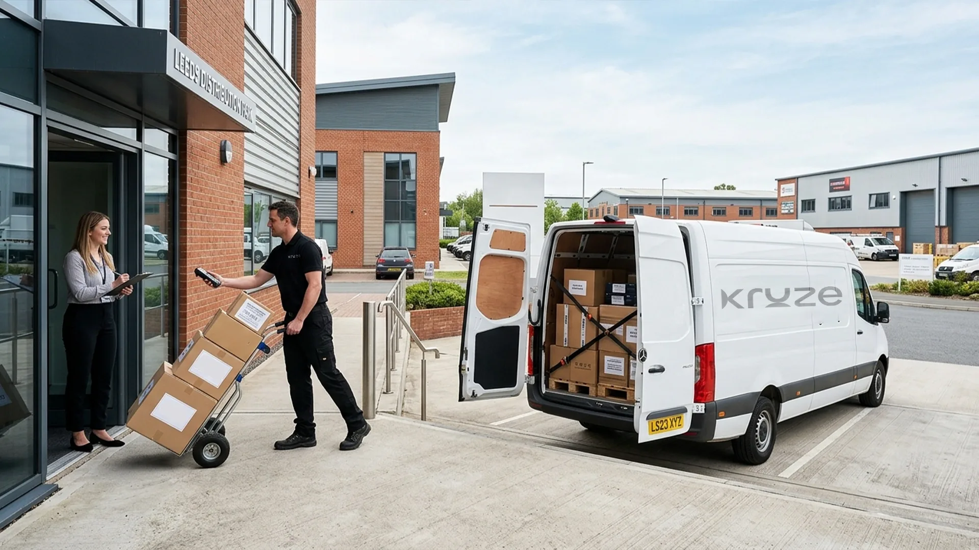 Kruze courier making a B2B distribution drop in Leeds, West Yorkshire