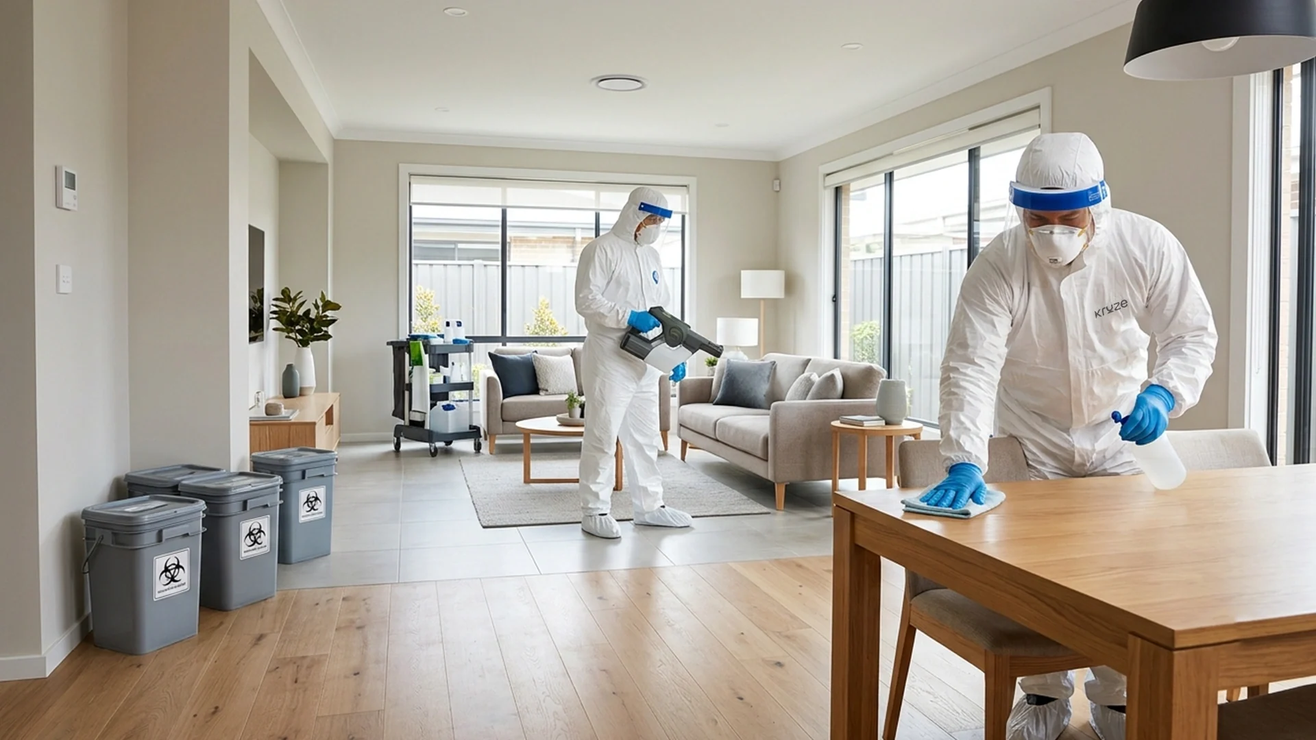 Kruze biohazard and trauma cleaning team in protective equipment in West Yorkshire