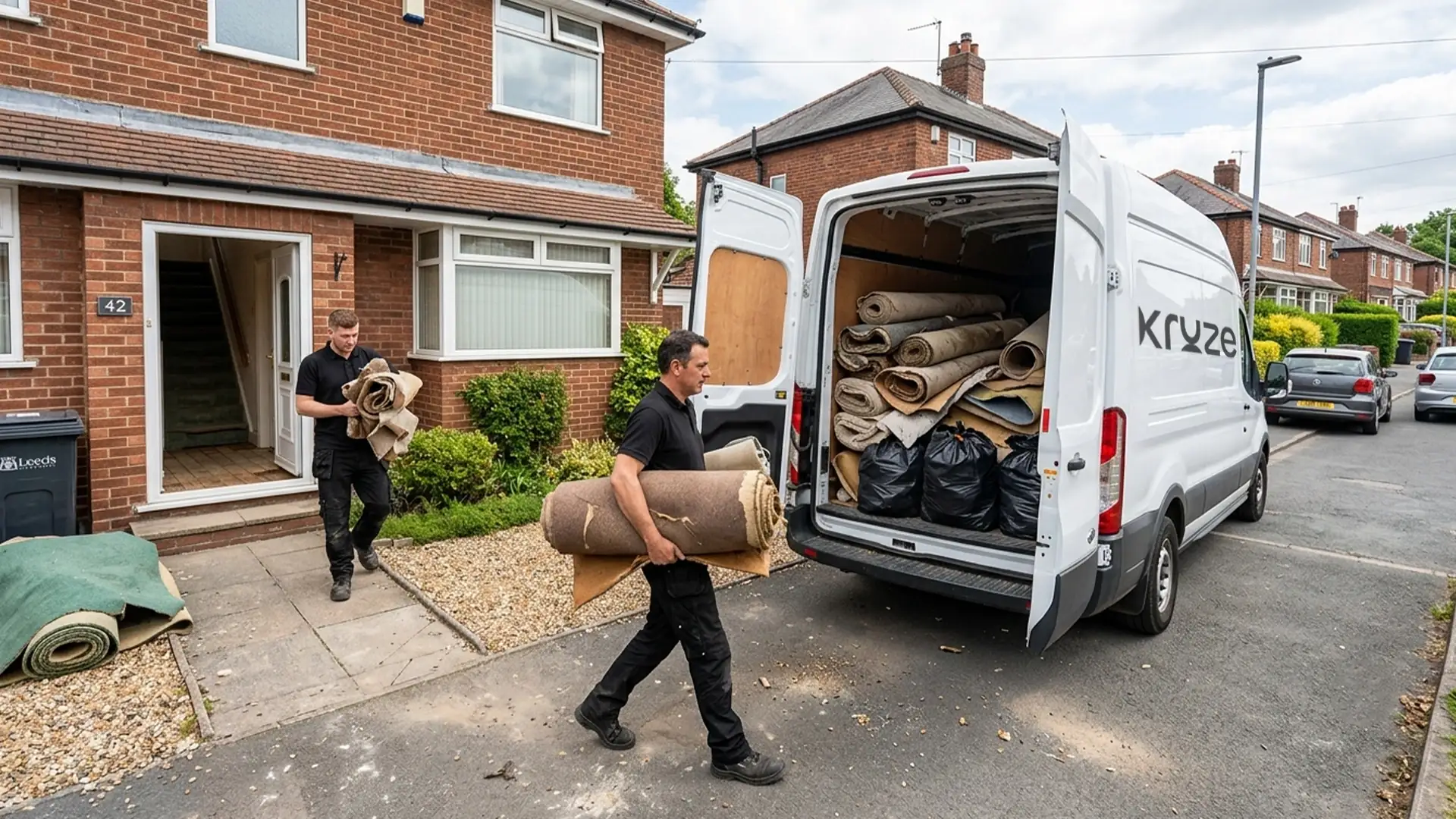Kruze removing old rolled-up carpet and underlay in West Yorkshire