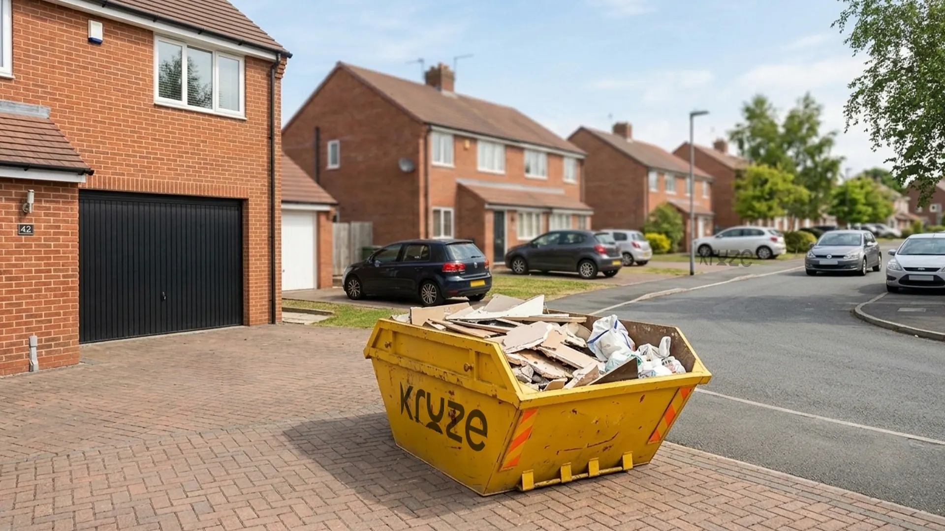 A Kruze skip on a West Yorkshire driveway