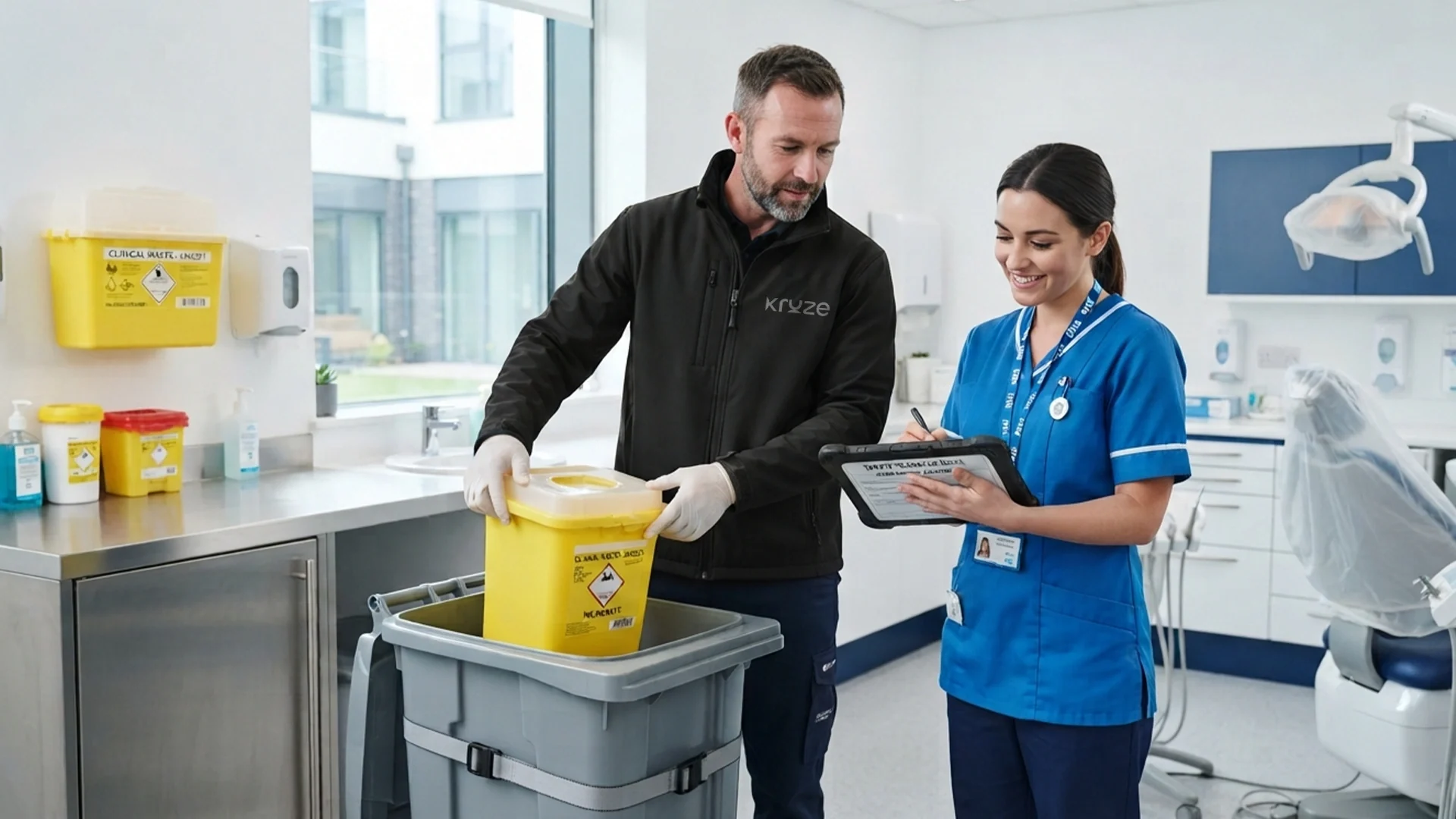 Kruze collecting clinical and medical sharps waste from a clinic in West Yorkshire