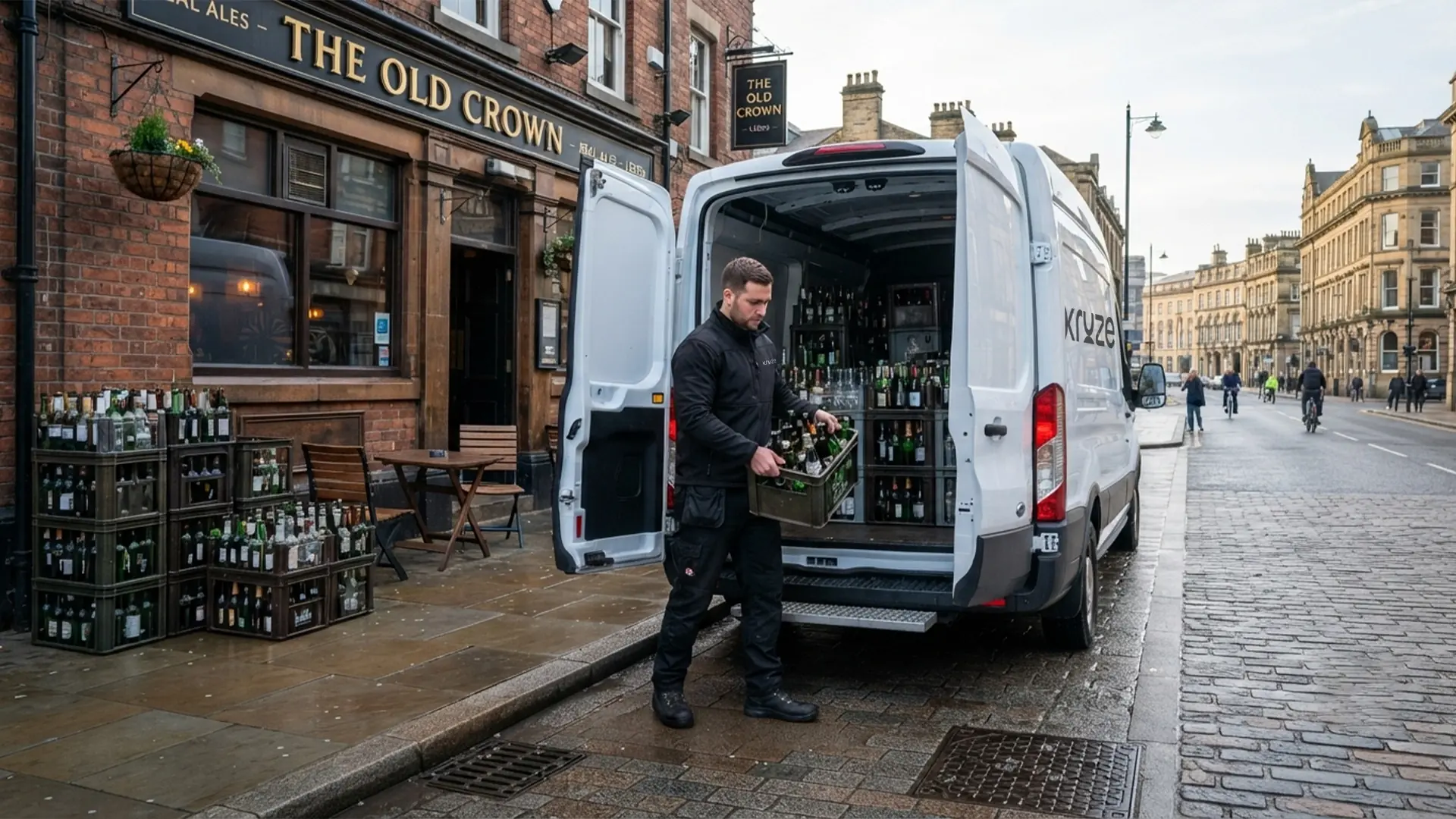 Kruze collecting bottle and glass waste from a pub in West Yorkshire