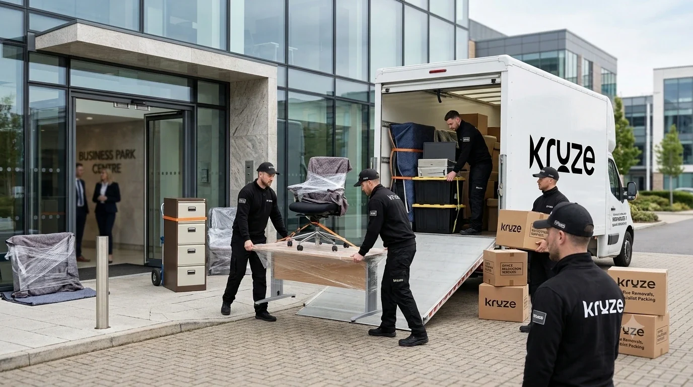 Kruze crew loading office furniture for a commercial removal in West Yorkshire