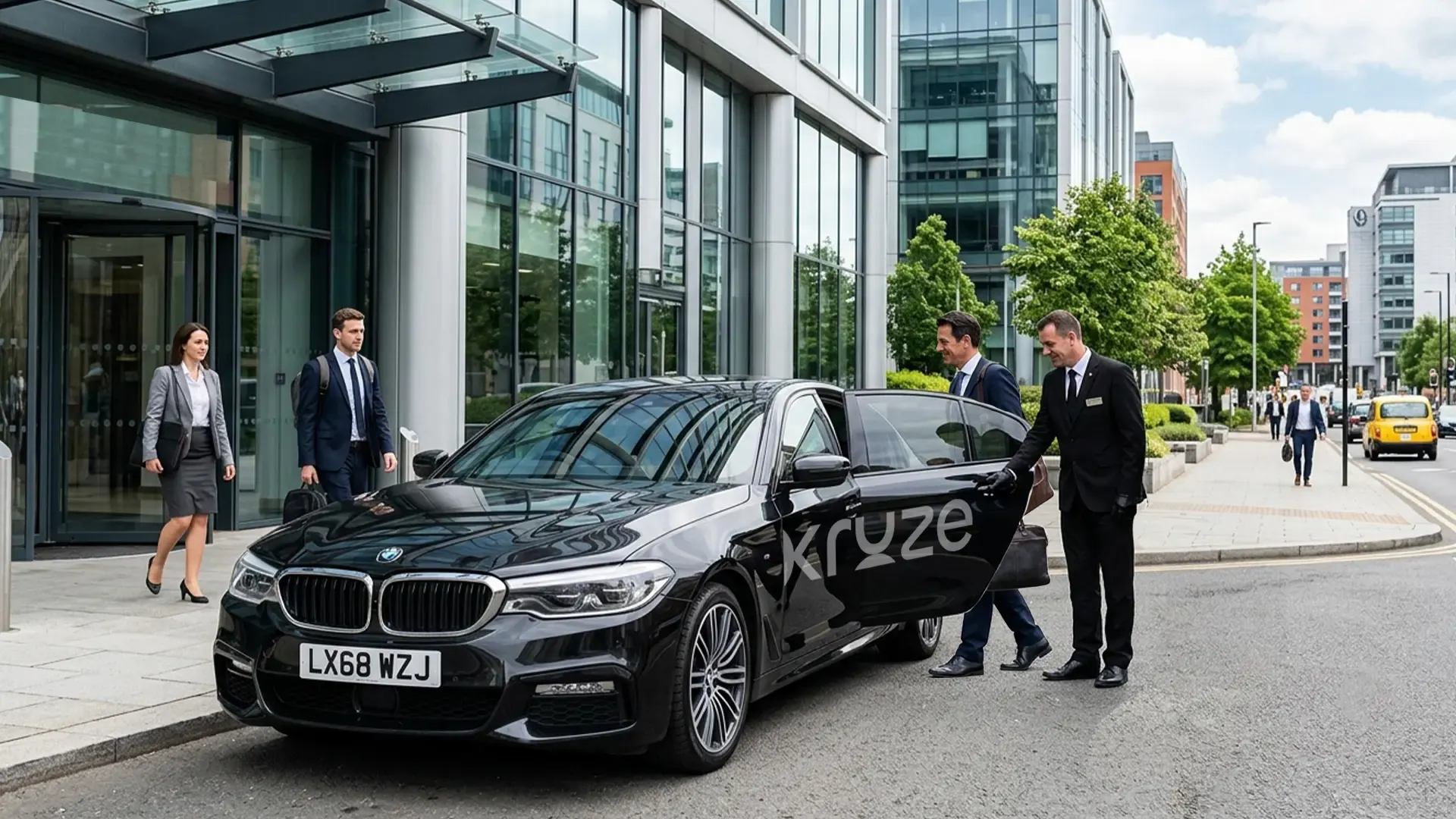Business manager reviewing a Kruze monthly taxi account invoice in a Leeds office, West Yorkshire