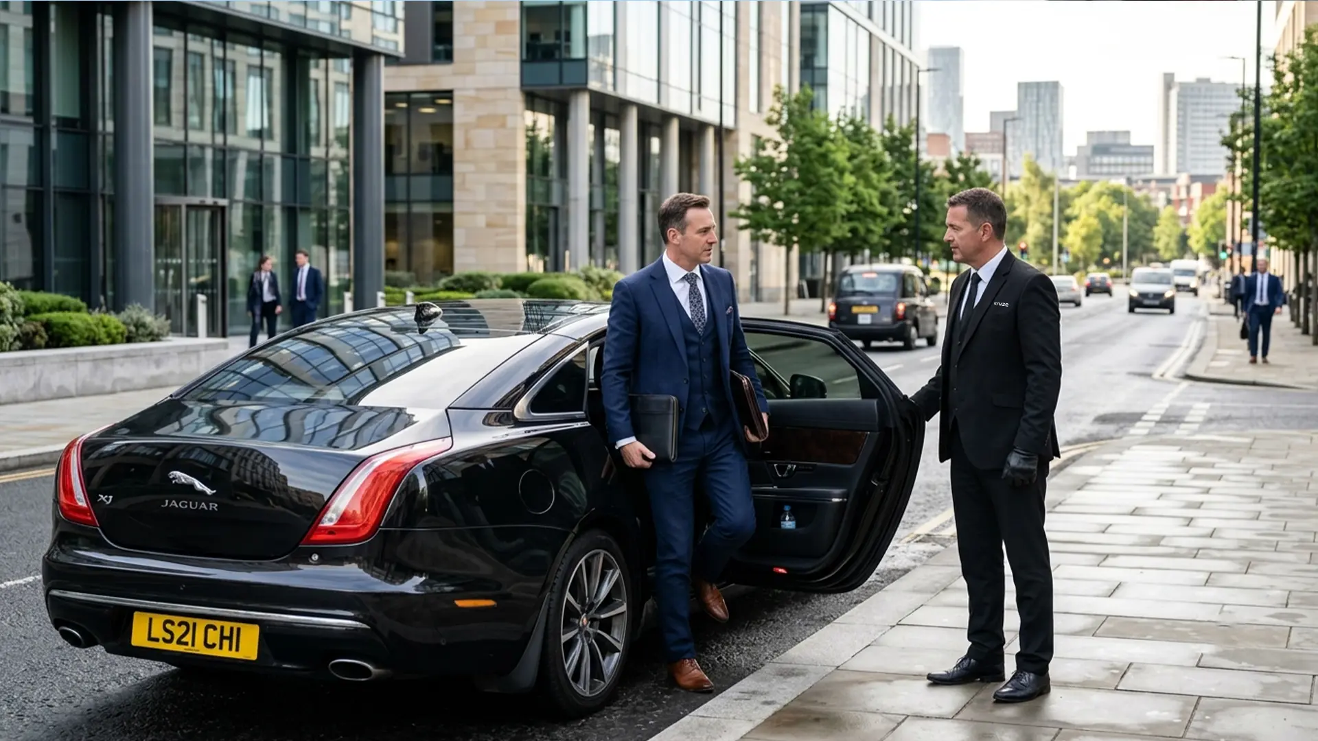 Business traveller stepping into an executive Kruze car in Leeds city centre, West Yorkshire