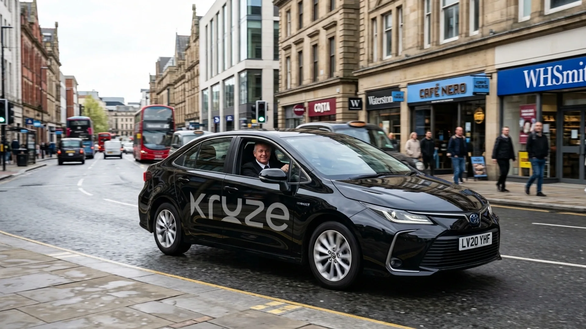 Passenger getting into an affordable Kruze economy taxi in Leeds, West Yorkshire