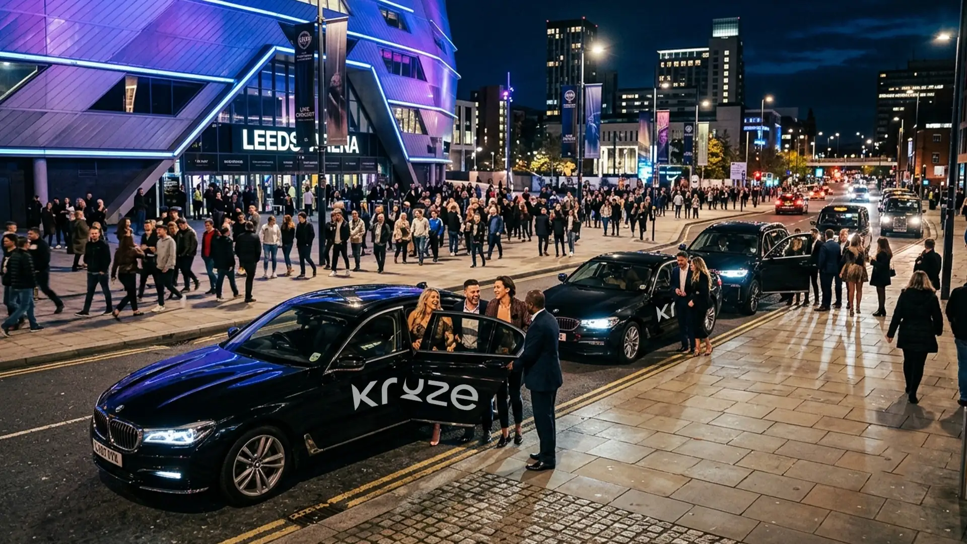 Group heading to First Direct Arena in a Kruze taxi in Leeds, West Yorkshire