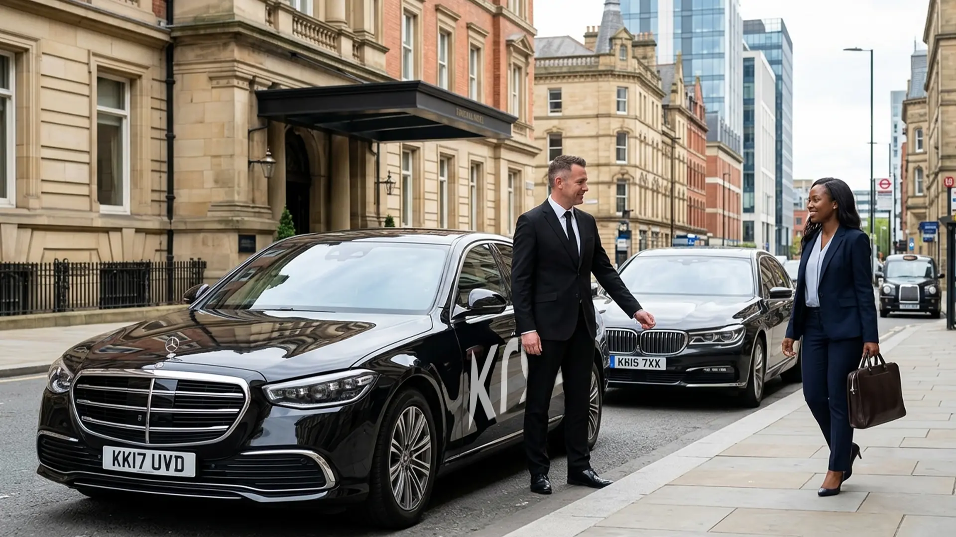 Chauffeur opening the door of an executive Mercedes for a client in Leeds, West Yorkshire
