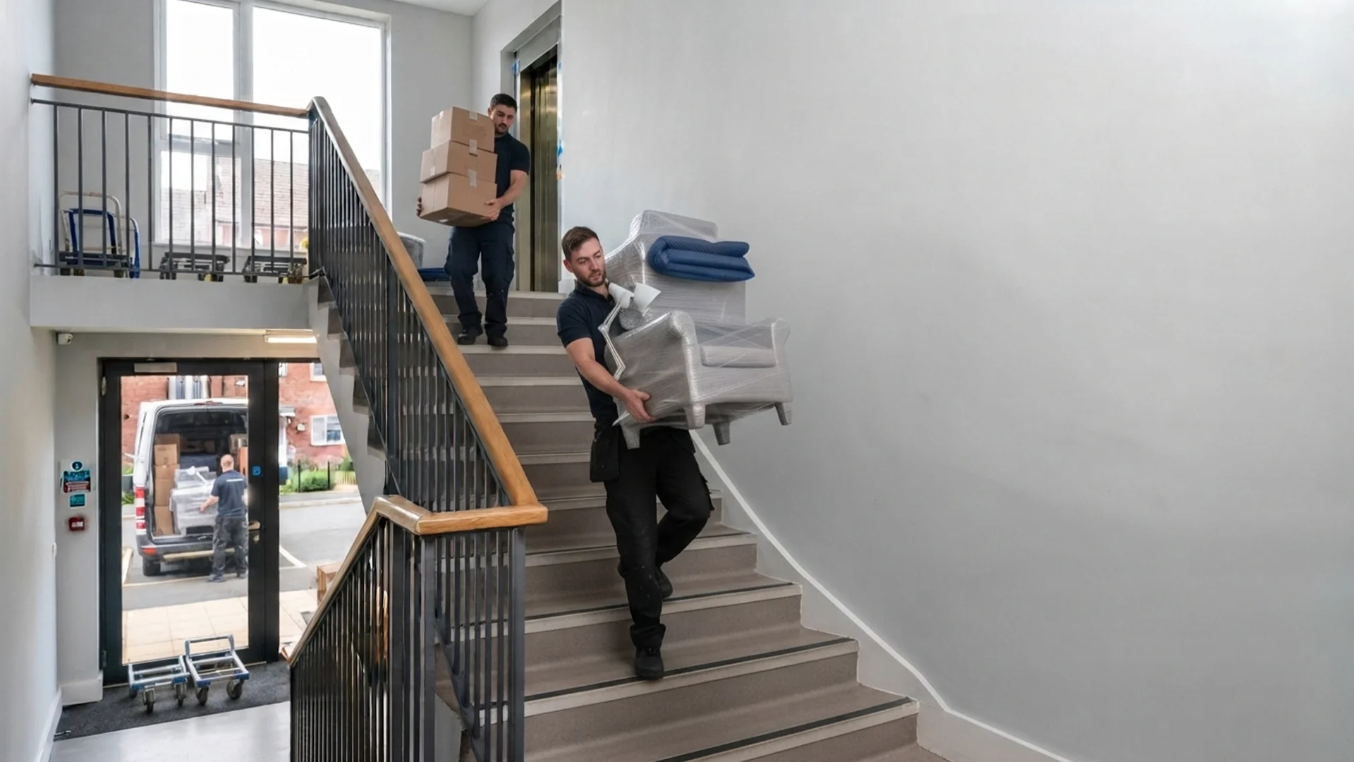 Kruze movers carrying boxes down apartment stairs in West Yorkshire