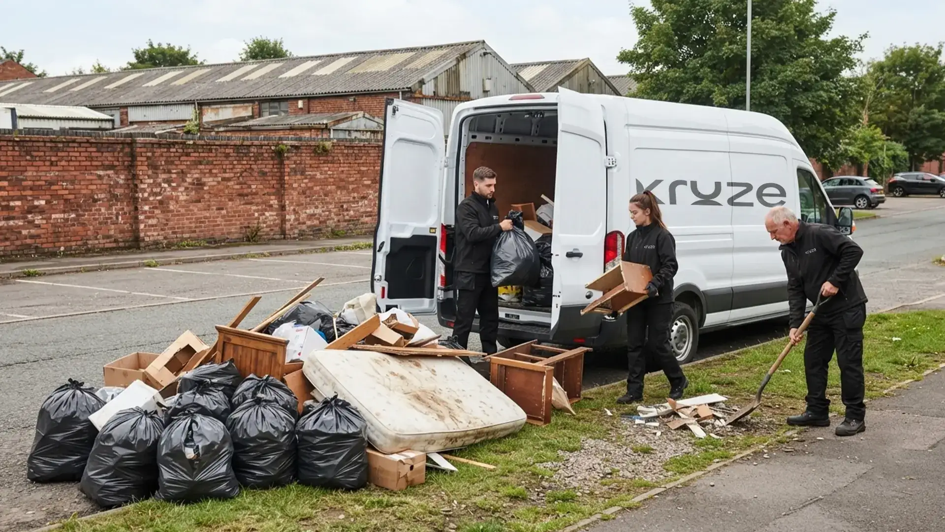Kruze clearing fly-tipped dumped rubbish from land in West Yorkshire