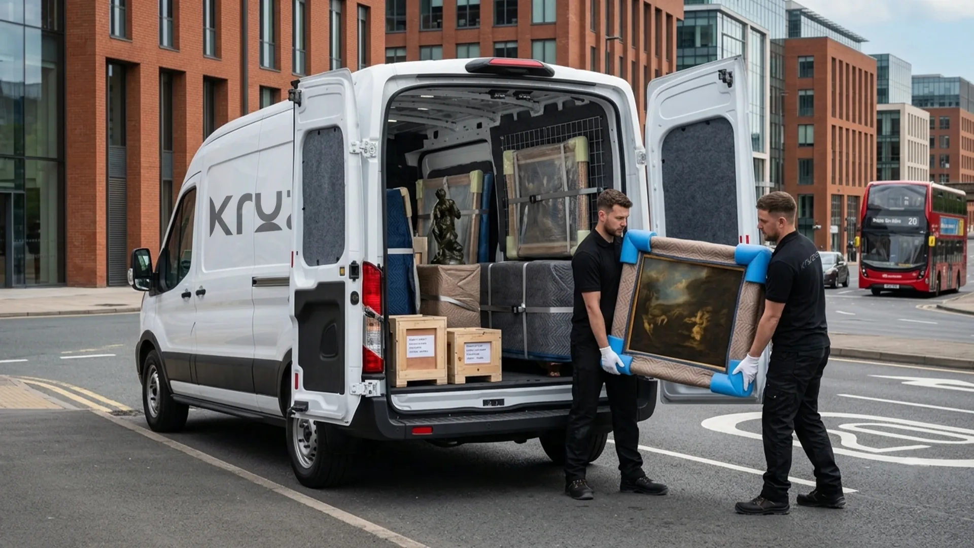 Kruze courier carefully handling a framed artwork in Leeds, West Yorkshire