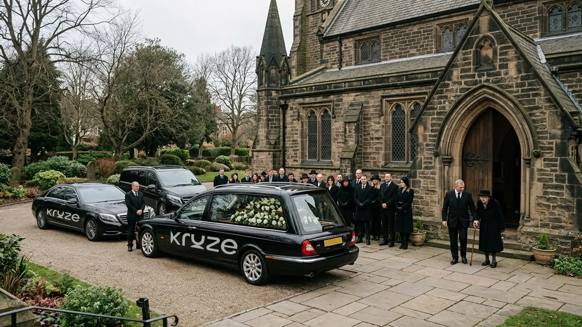 Smart Kruze funeral car for mourners outside a Leeds crematorium in West Yorkshire