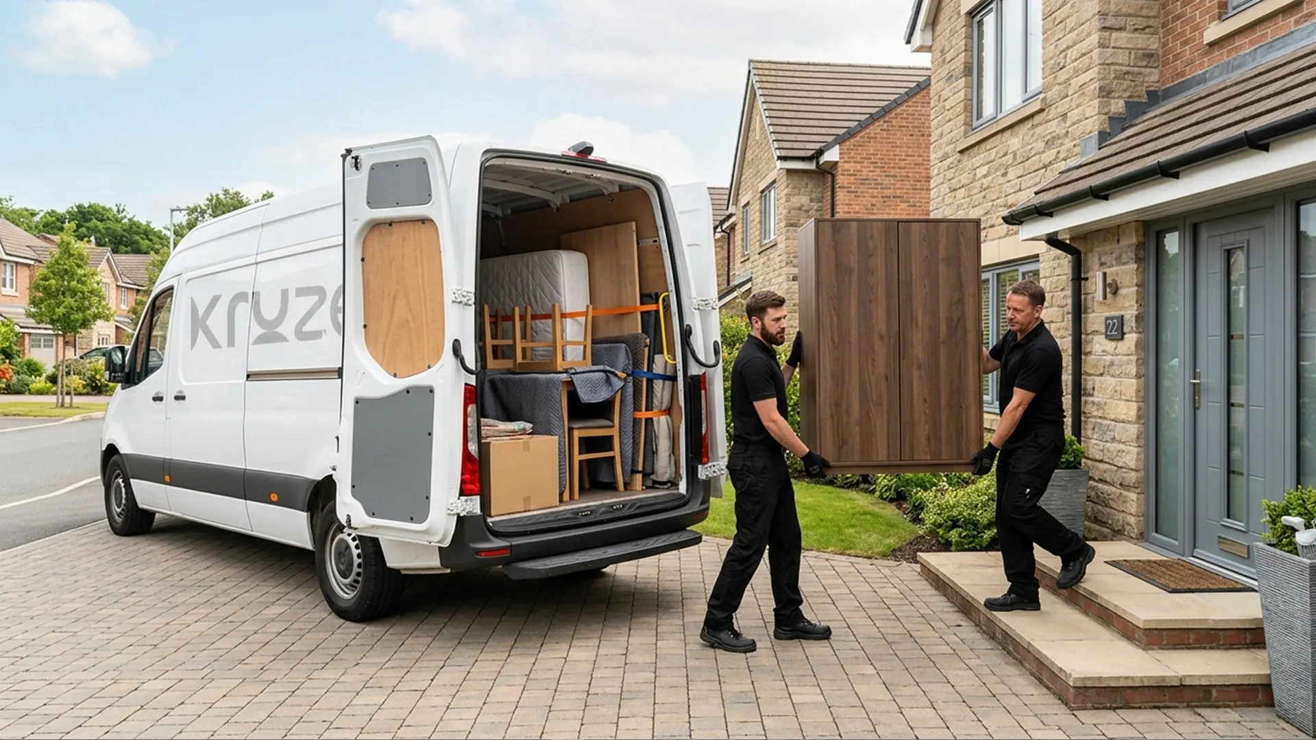 Kruze courier delivering a sofa to a home in Leeds, West Yorkshire