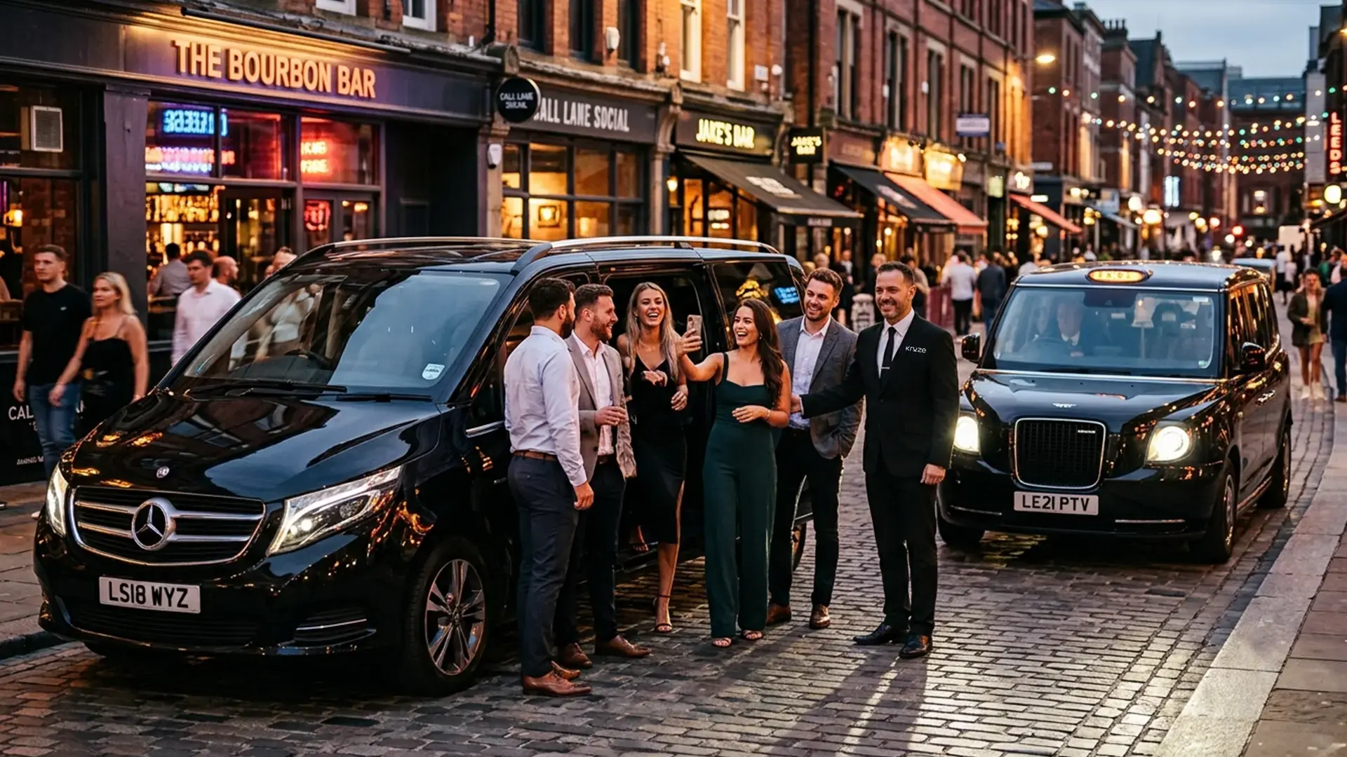 Hen party group boarding a Kruze minibus in Leeds, West Yorkshire