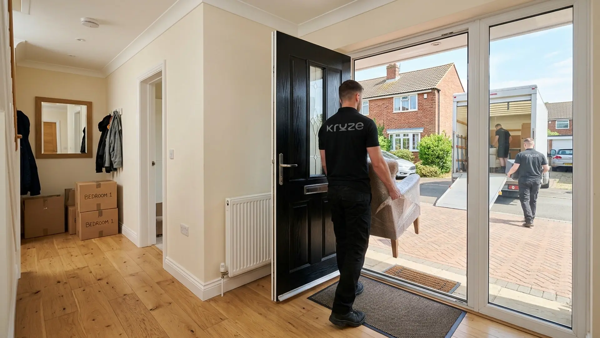 Kruze home removals crew loading a padded van in West Yorkshire