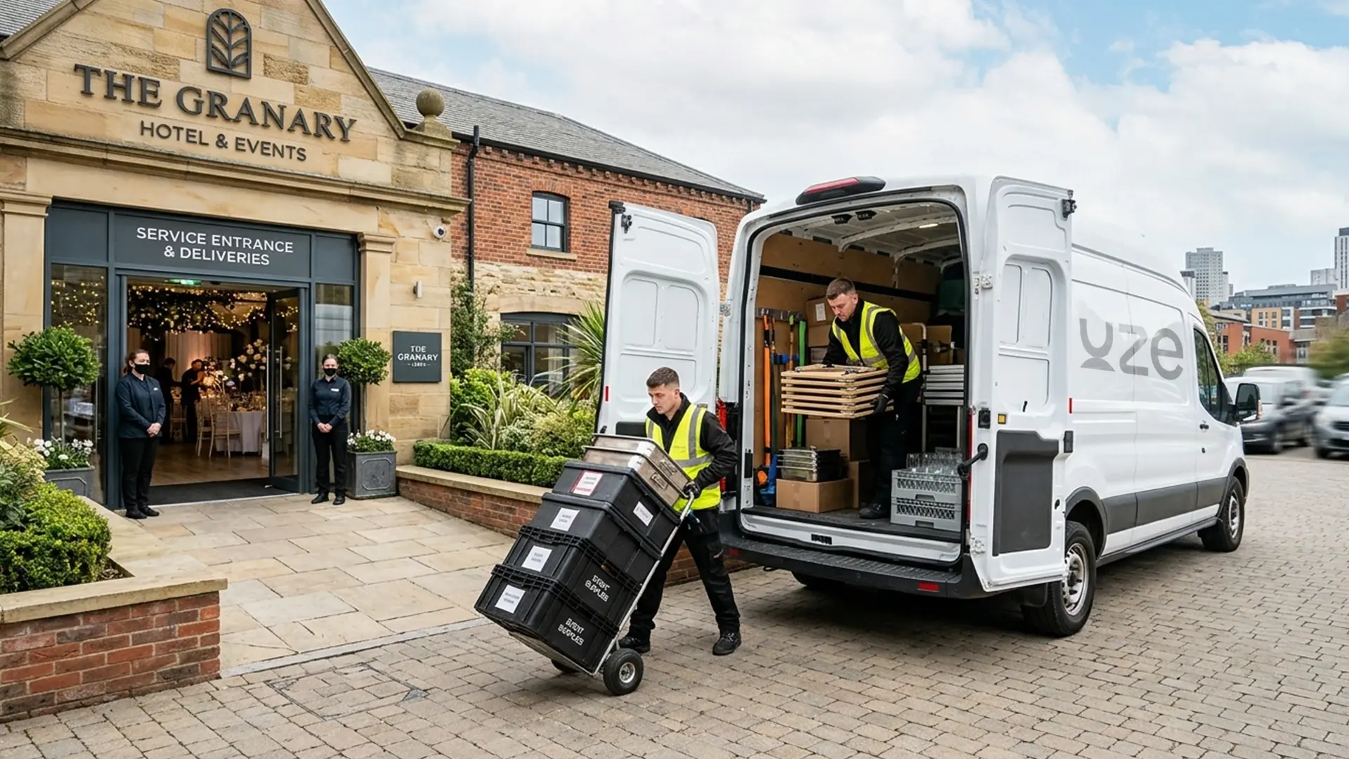 Kruze courier delivering catering supplies to a restaurant in Leeds, West Yorkshire