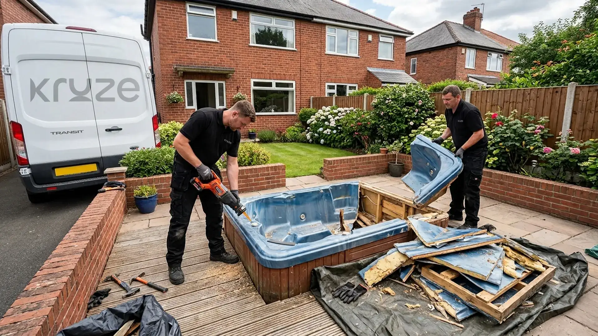 Kruze dismantling and removing an old hot tub from a garden in West Yorkshire