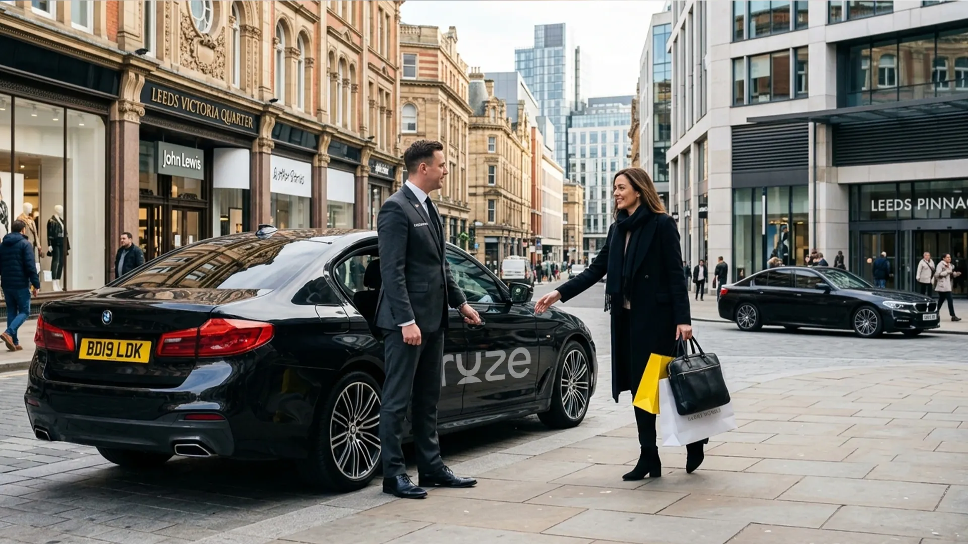 Passenger returning to a waiting Kruze hourly-hire car in Leeds city centre, West Yorkshire
