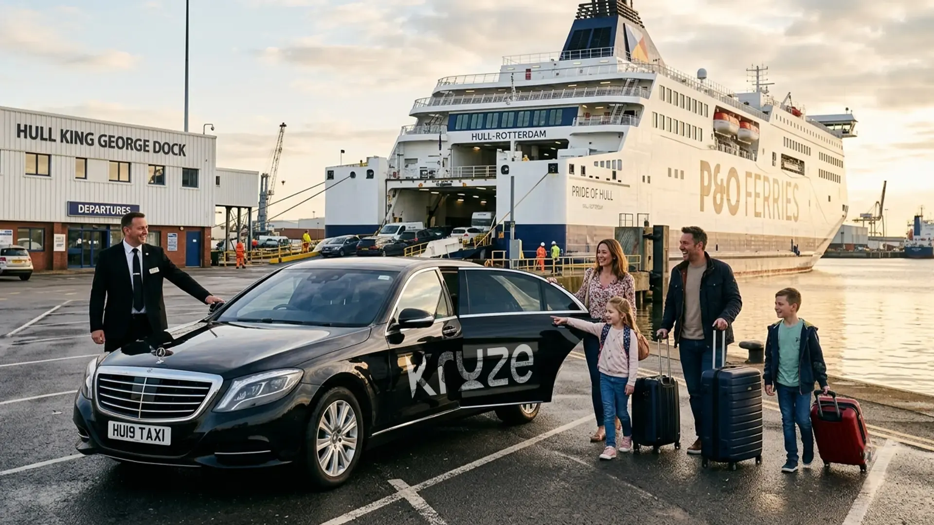 Kruze taxi at Hull ferry port King George Dock for a P&O sailing transfer