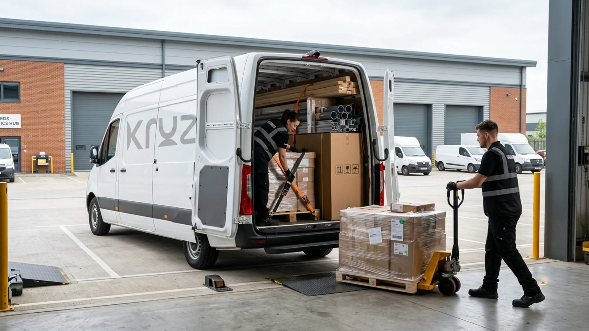 Kruze large sprinter van courier loading a long item in Leeds