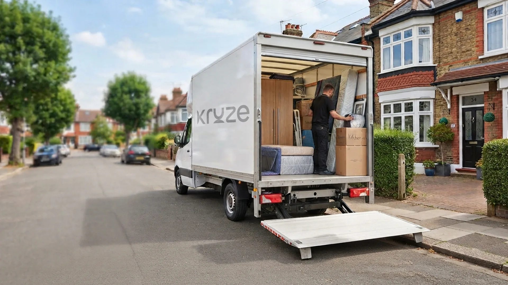 Kruze Luton van with tail lift and driver loading a full flat in West Yorkshire