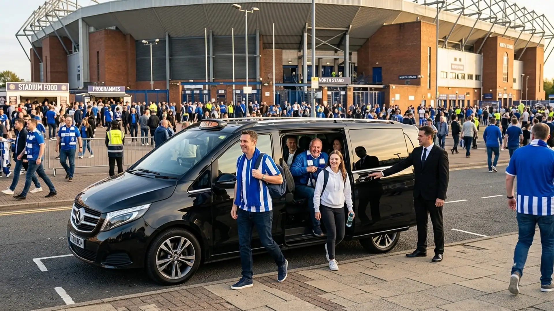 Football fans arriving at Elland Road in a Kruze taxi in Leeds, West Yorkshire