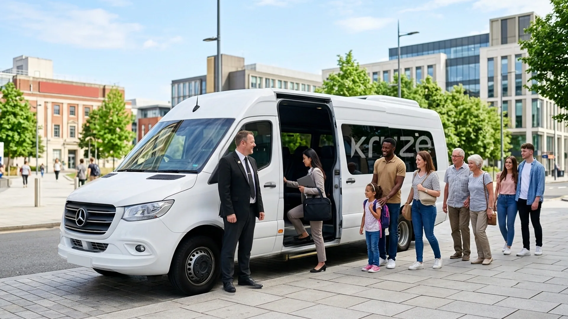 Group boarding a 16 seater Kruze minibus with driver in Leeds, West Yorkshire