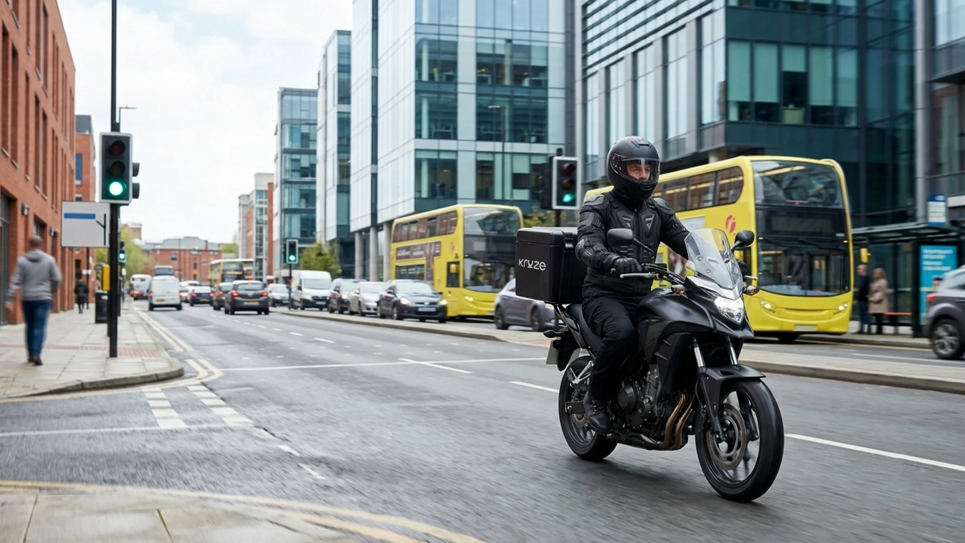 Kruze motorbike courier rushing a document through Leeds traffic