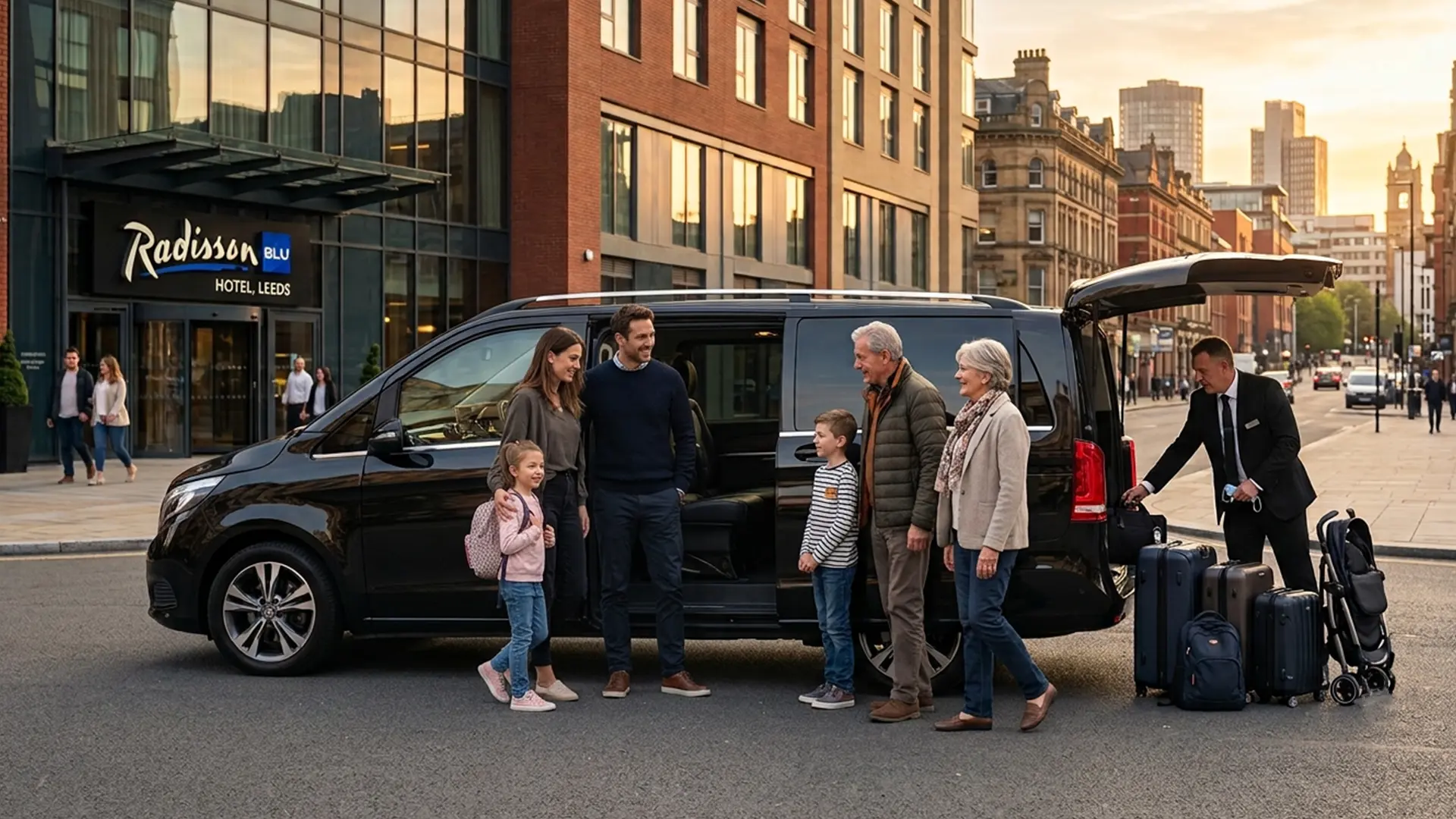 Family loading luggage into a Kruze 8 seater MPV taxi in Leeds, West Yorkshire