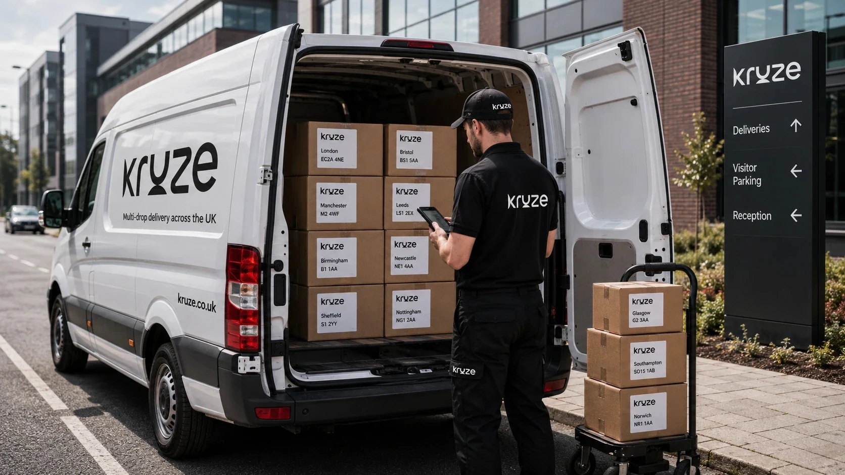 Kruze courier running a multi-drop delivery route in Leeds, West Yorkshire