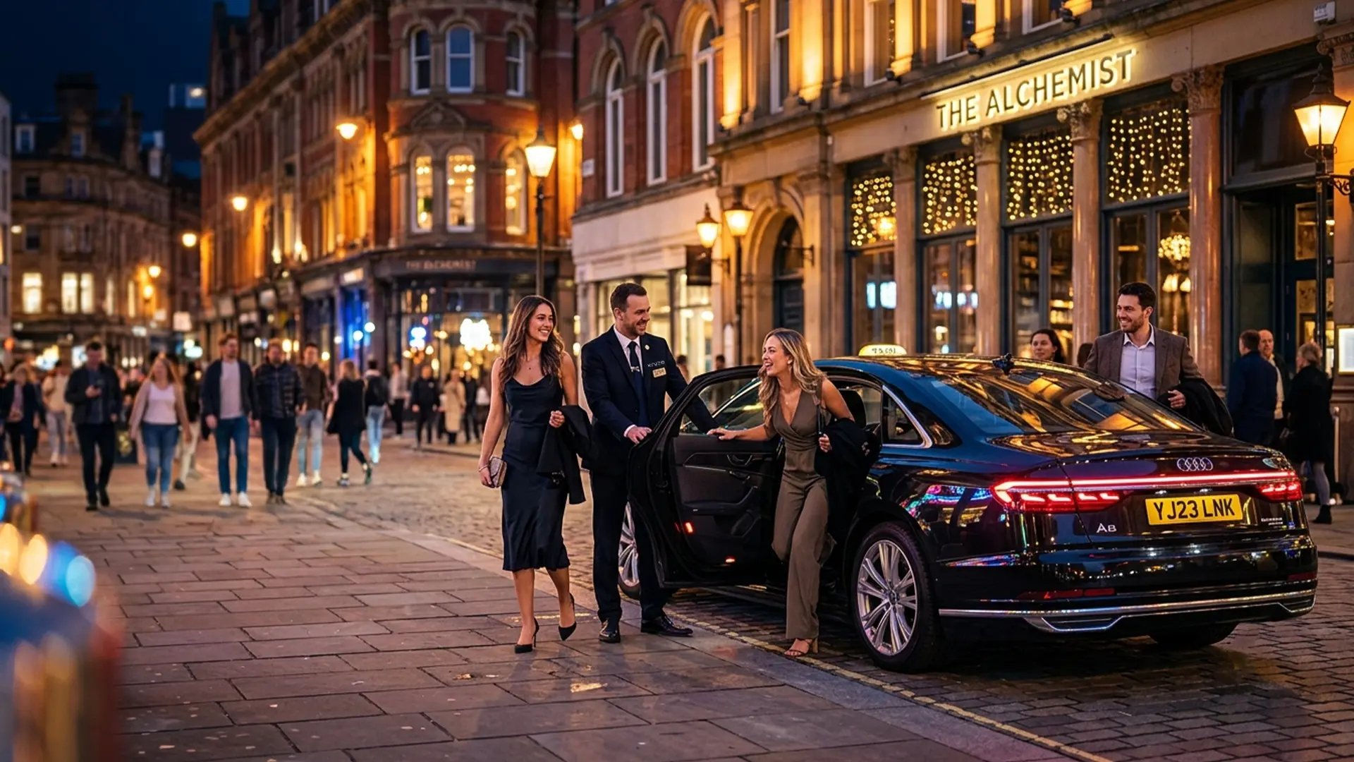 Friends heading out for the night in a Kruze taxi in Leeds city centre, West Yorkshire