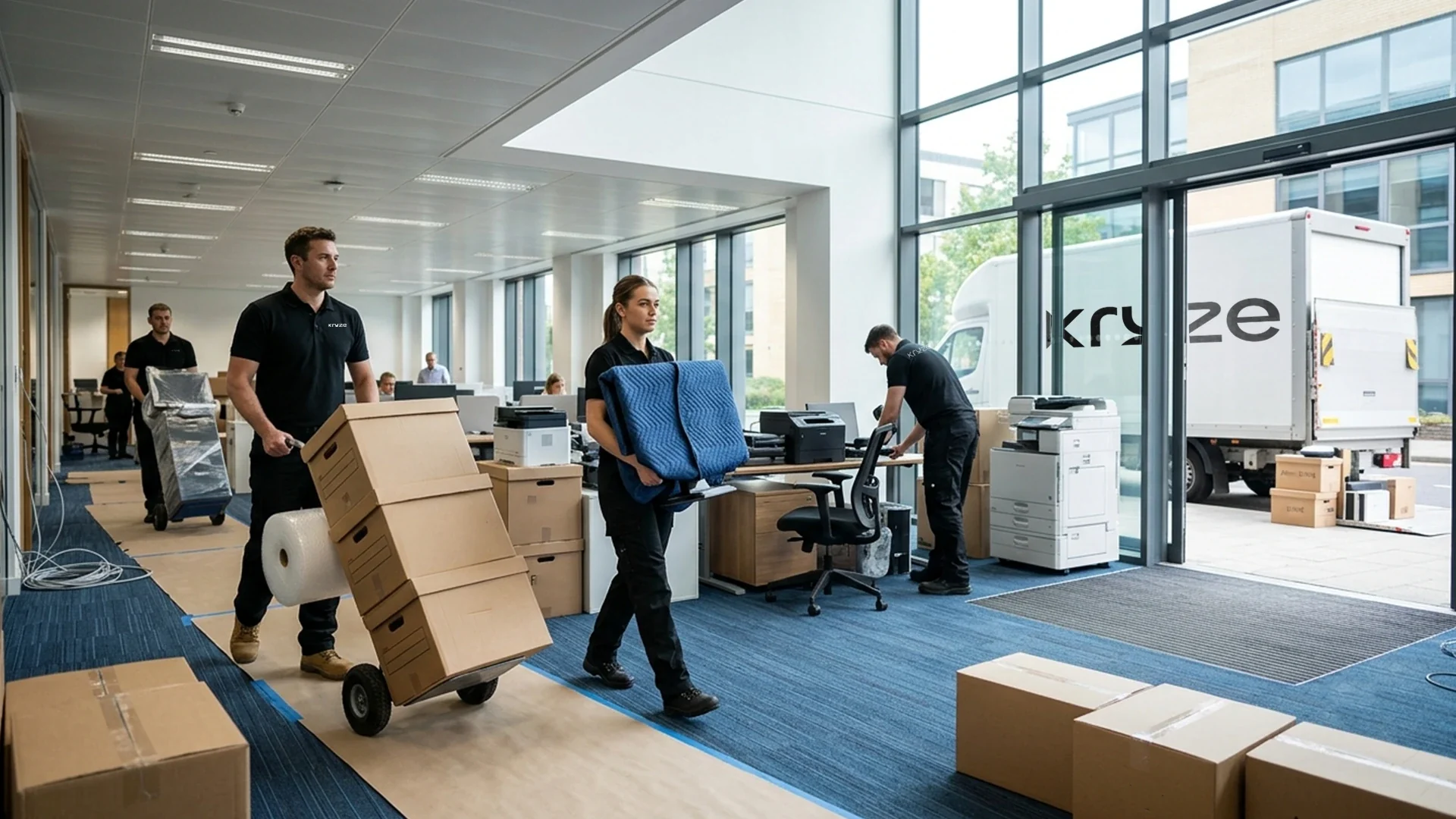 Kruze crew moving office desks and IT equipment in West Yorkshire