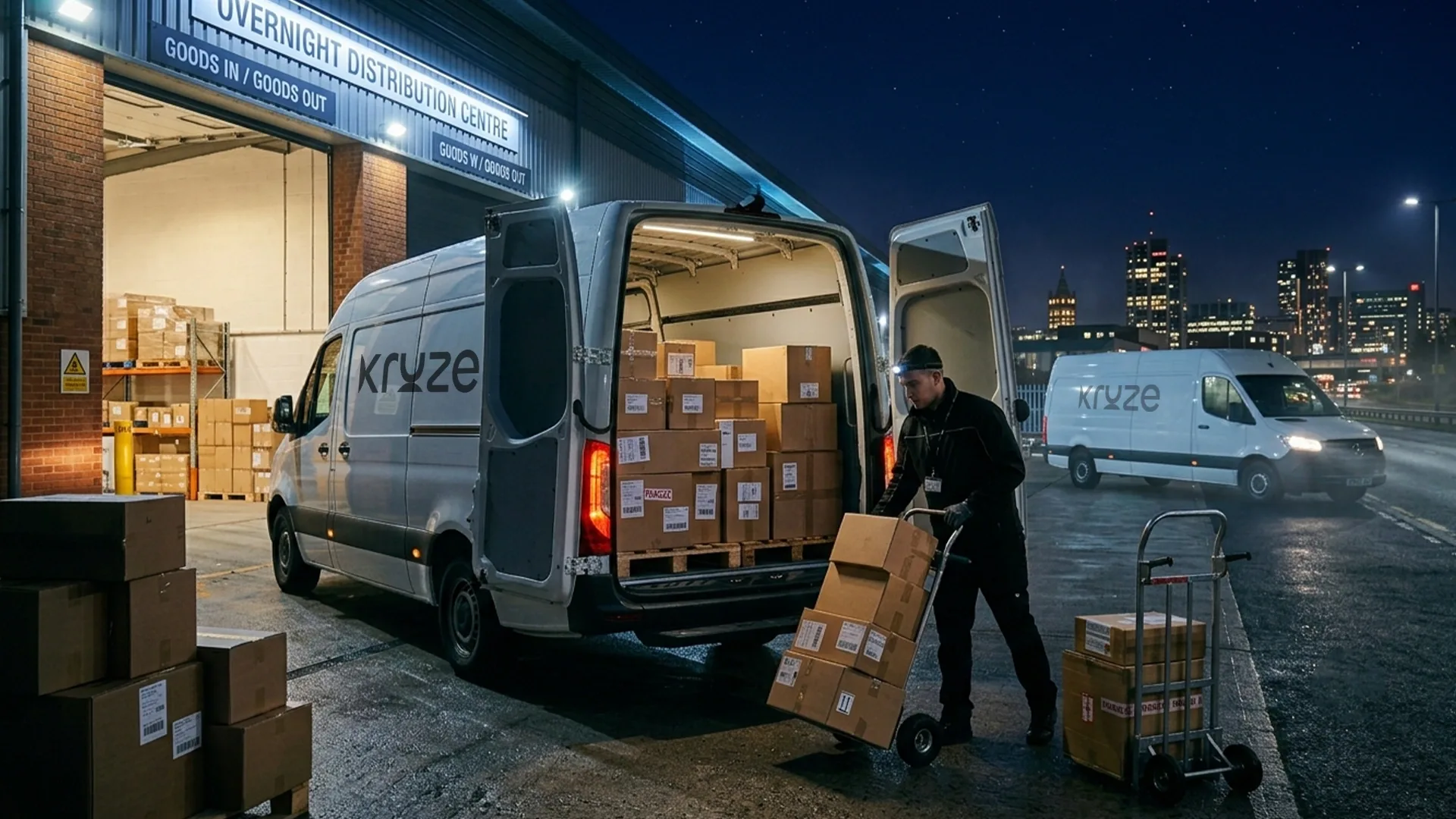 Kruze overnight courier van making a pre-9am delivery in West Yorkshire