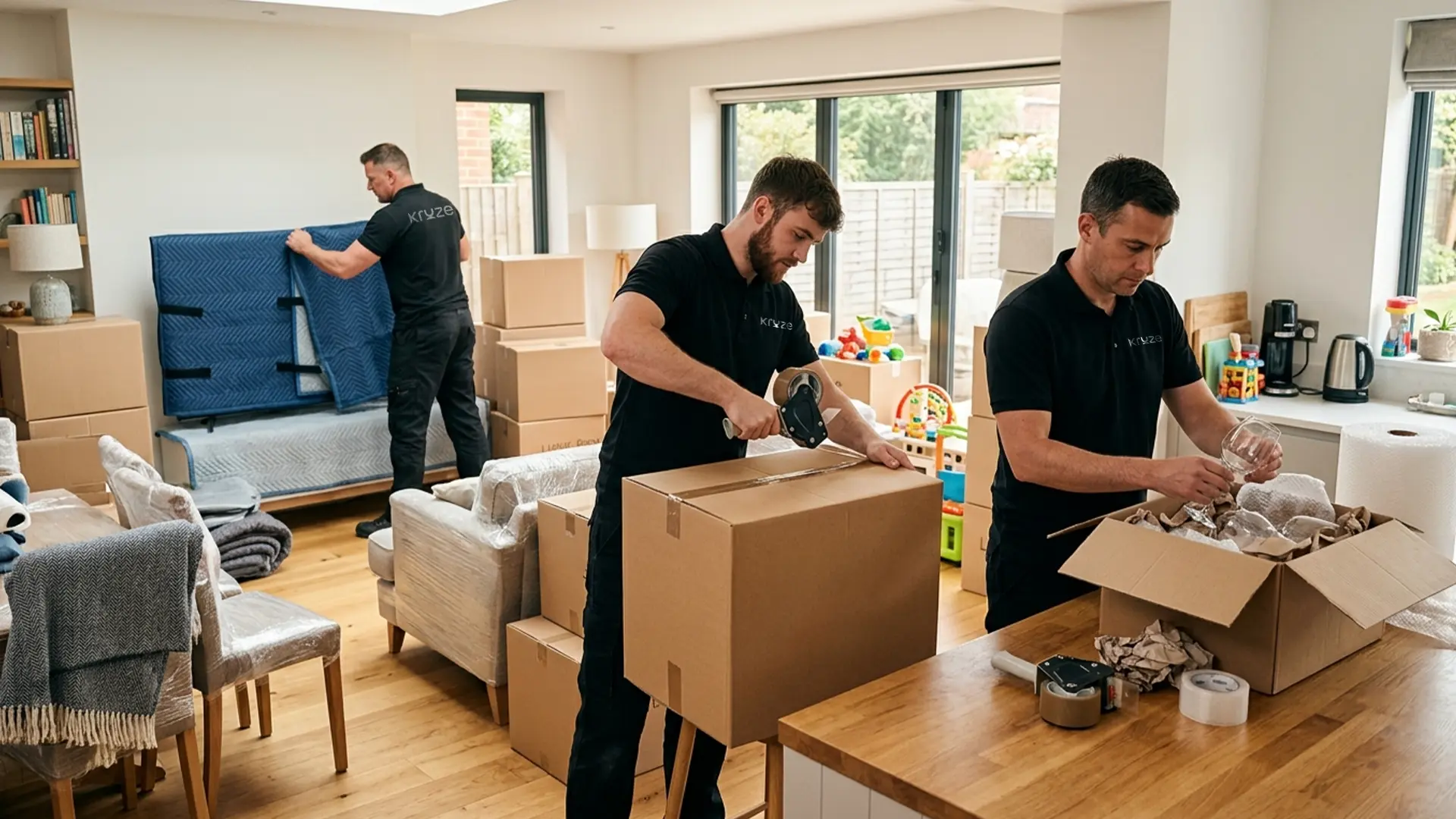 Kruze crew professionally packing boxes in a West Yorkshire home before a move