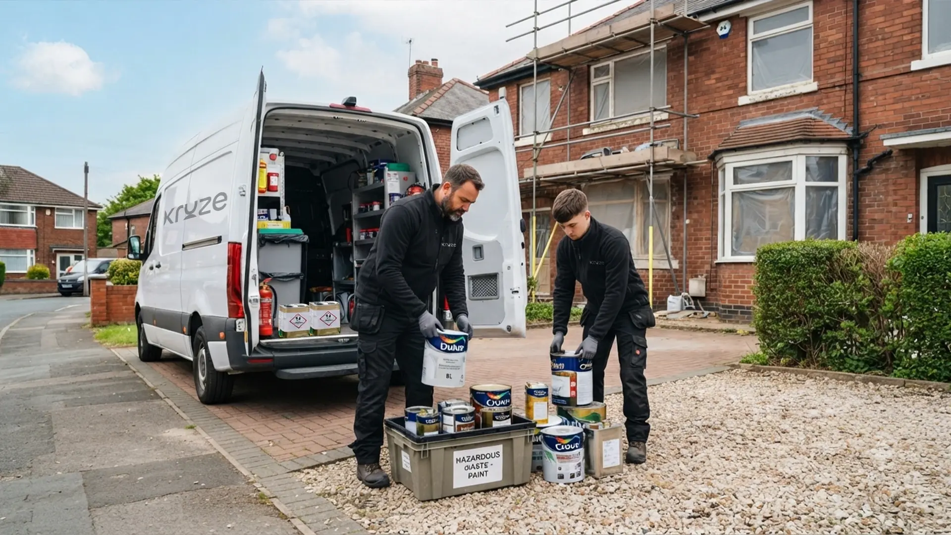 Kruze collecting old paint tins and chemical waste for disposal in West Yorkshire