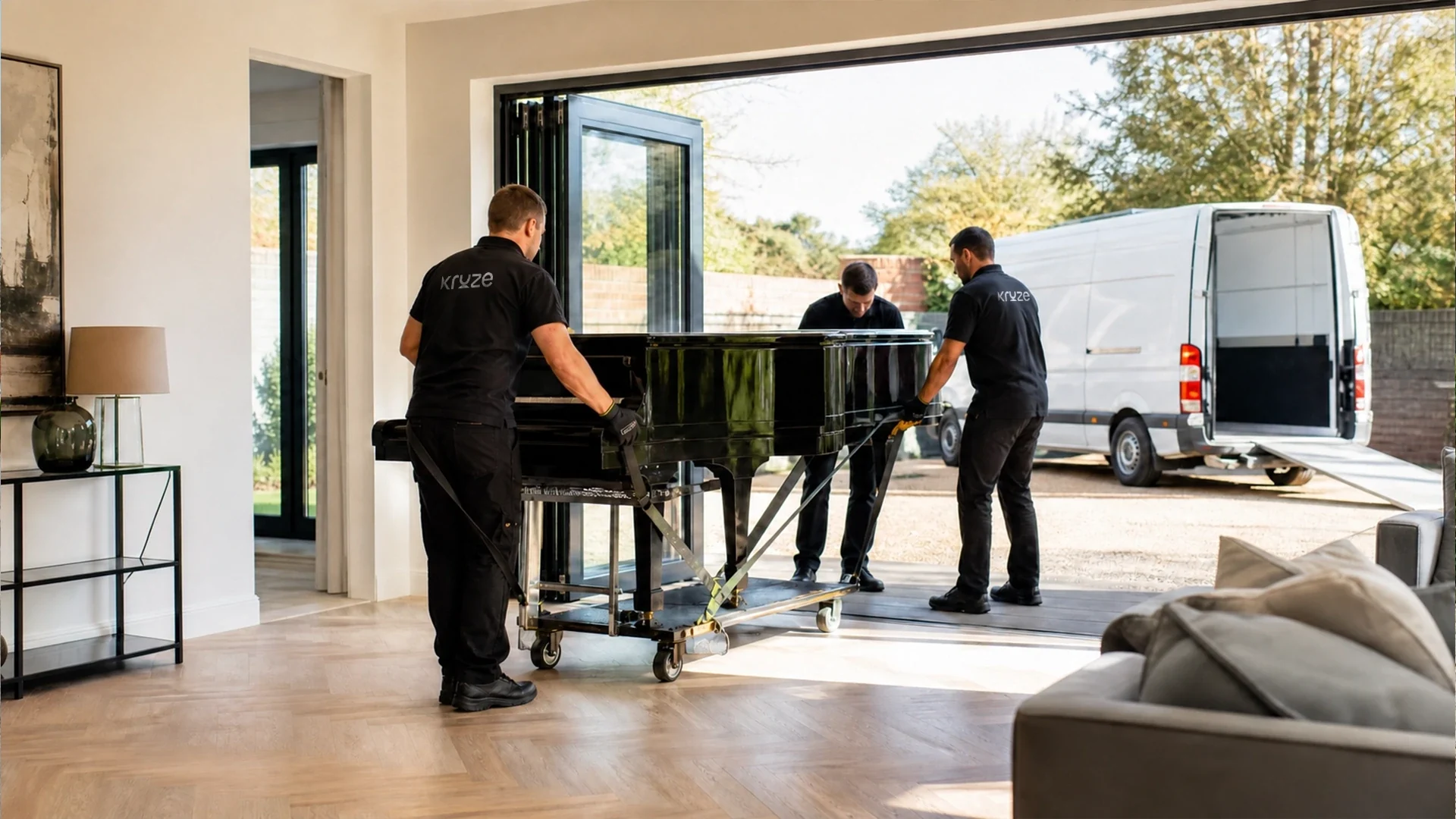 Kruze removing a heavy old upright piano from a home in West Yorkshire